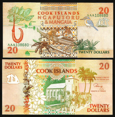 Cook Islands 20 Dollars 1992, XF, Prefix AAA P-9, With Little Pale