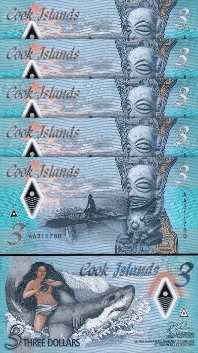 Cook Islands 3 Dollars 2021, UNC, 5 Pcs LOT, Polymer, P-11a, Prefx AA