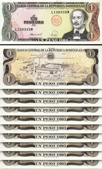 Dominican Rep. 1 Peso Oro 1988, UNC, 10 Pcs LOT, Consecutive, P-126c