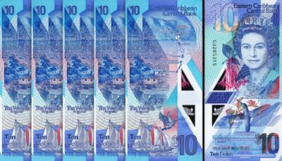 East Caribbean 10 Dollars 2019 - 2020, UNC, 5 Pcs LOT, P-56, Polymer