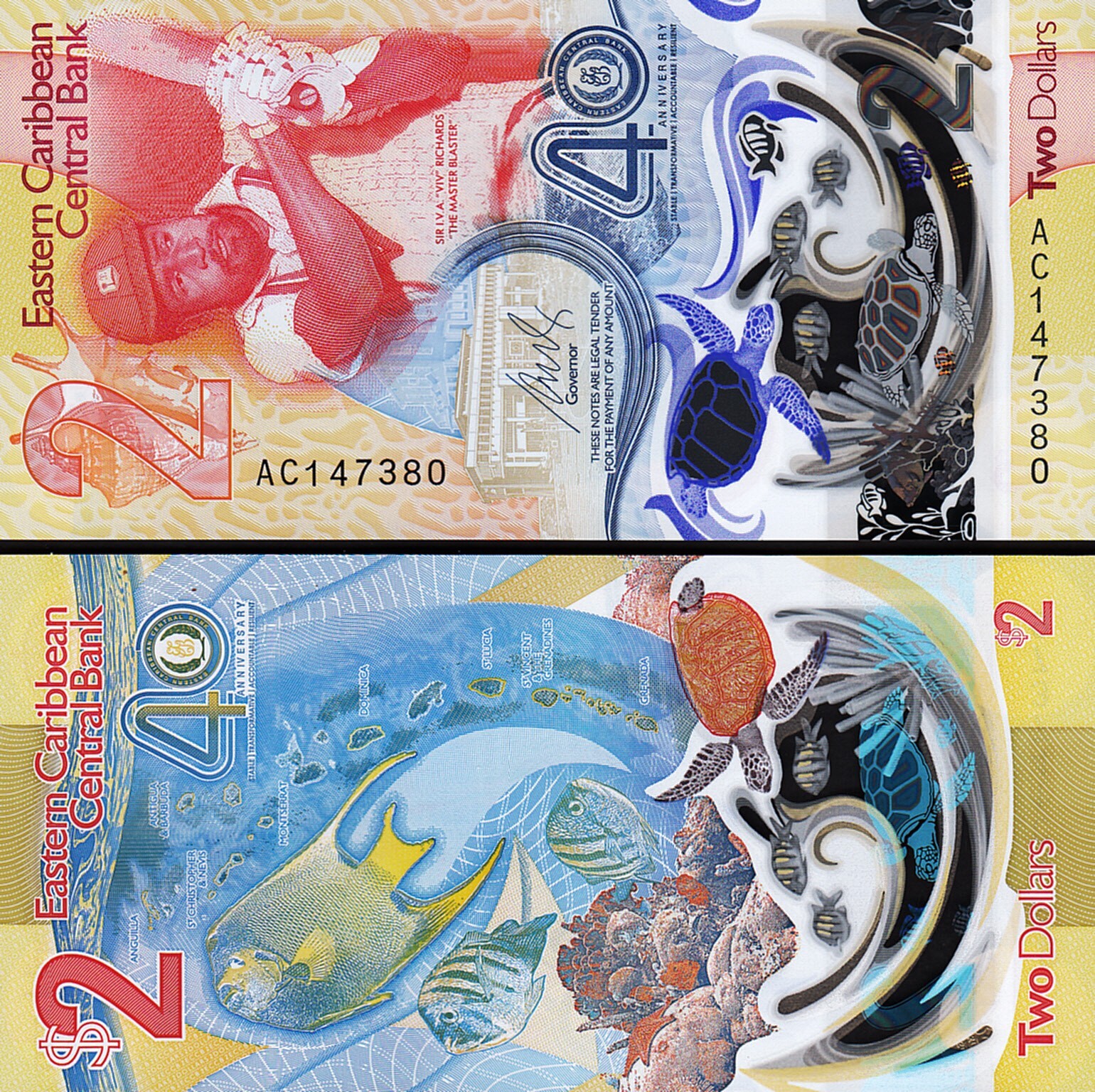 East Caribbean 2 Dollars 2023 2024, UNC, BUNDLE, Pack of 100 PCS, P-61, POLYMER - Image 7