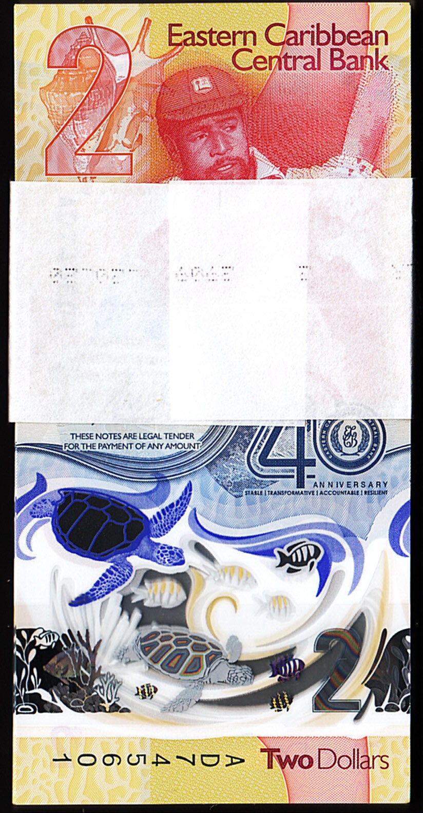East Caribbean 2 Dollars 2023 2024, UNC, BUNDLE, Pack of 100 PCS, P-61, POLYMER