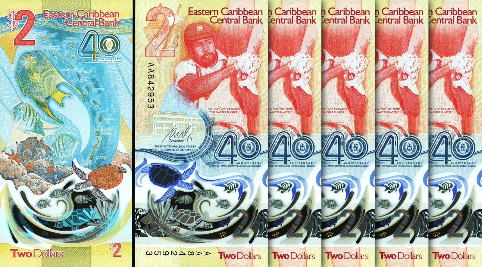 East Caribbean 2 Dollars 2023/2024, UNC, 20 Pcs LOT,AA POLYMER Comm.P-New Design - Image 3