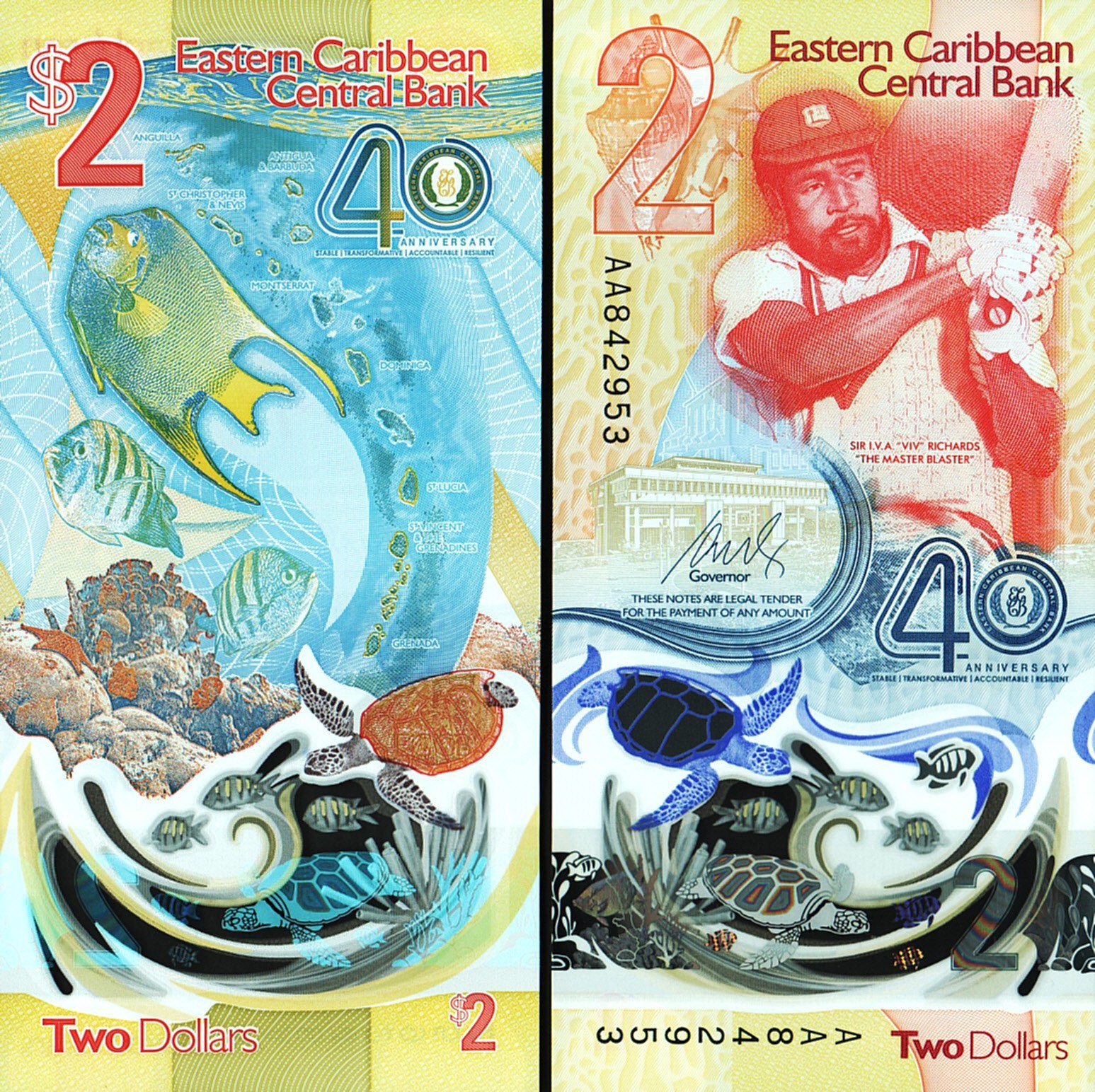East Caribbean 2 Dollars 2023/2024, UNC, 20 Pcs LOT,AA POLYMER Comm.P-New Design - Image 4