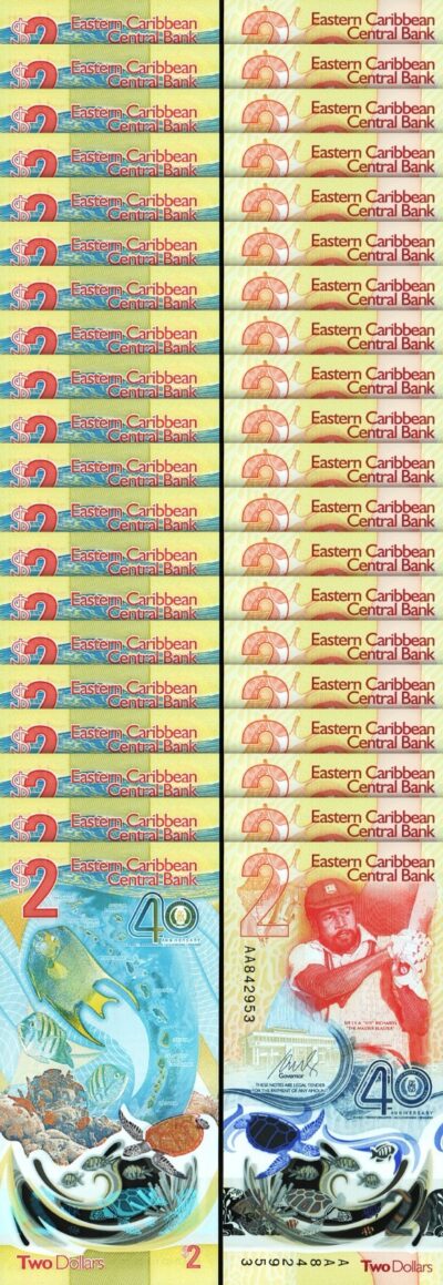 East Caribbean 2 Dollars 2023/2024, UNC, 20 Pcs LOT,AA POLYMER Comm.P-New Design