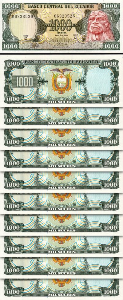 Ecuador 1000 Sucres 1988, UNC, 10 Pcs LOT, Consecutive, P-125b, Serie IZ