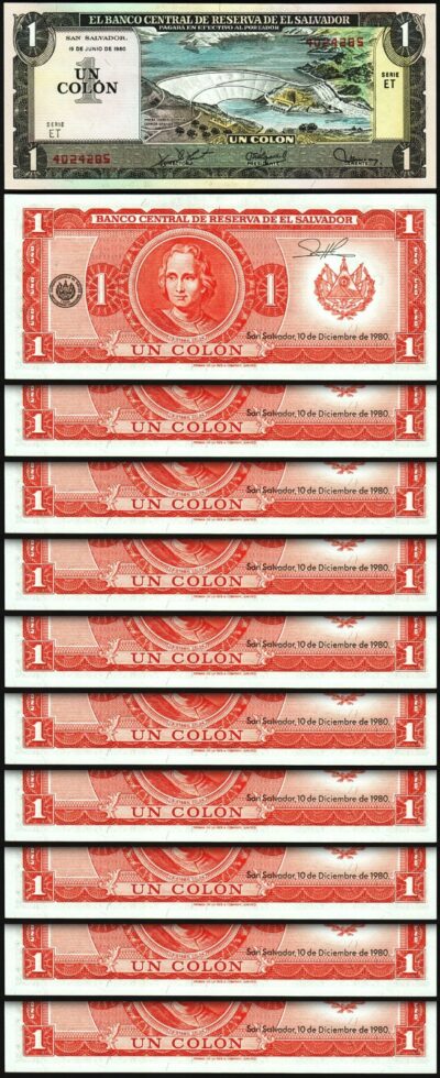 El Salvador 1 Colon 1980, UNC, 10 Pcs LOT, Consecutive, P-125b
