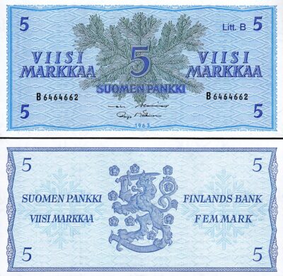 Finland 5 Markkaa 1963, XF, Litt B, P-106Aa