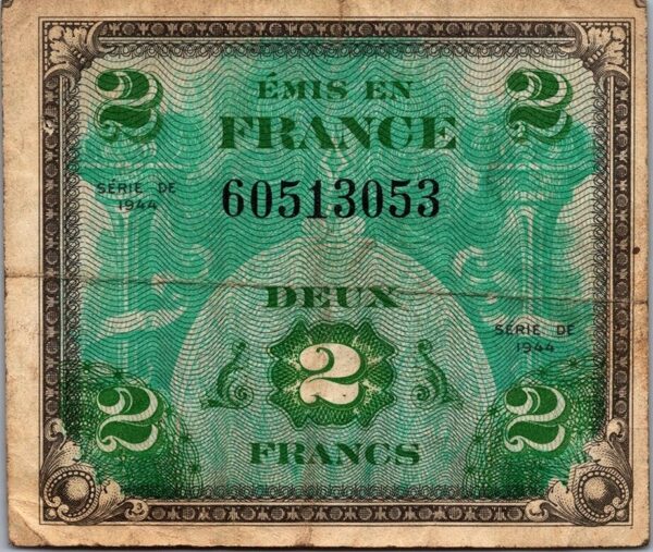 France 2 Francs 1944, VF with a Pinhole, P-114a , Allied Military Currency