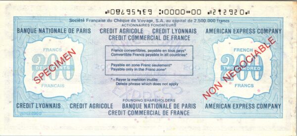 France SPECIMEN,  American Express Company Travellers Cheque, 200 Francs UNC - Image 3