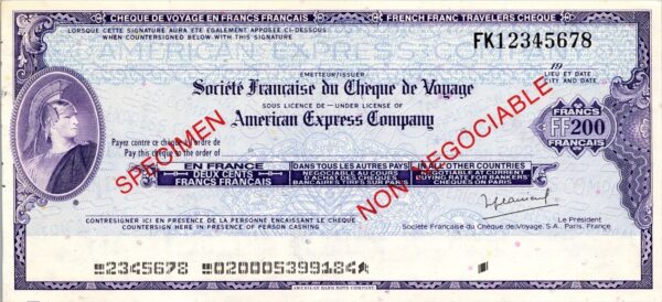 France SPECIMEN,  American Express Company Travellers Cheque, 200 Francs UNC