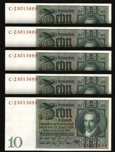 Germany 10 Mark 1929, AU / UNC, 5 PCS LOT, P-180a, Watermark : Head Of Thaer