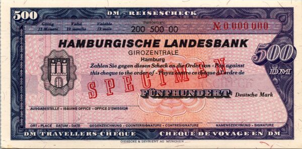 Germany SPECIMEN, Hamburgische Landesbank Travellers Cheque, 500 Marks UNC, WMK