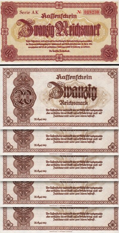 Germany Sudetenland 20 Reichsmark 1945, UNC, 5 Pcs LOT P-187, Complete Watermark