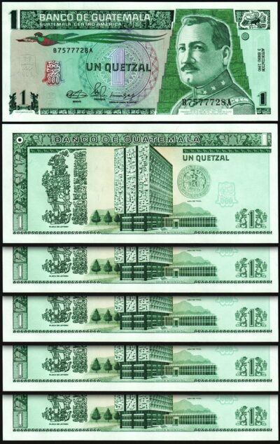 Guatemala 1 Quetzal 1990, UNC, 5 Pcs LOT, P-73a