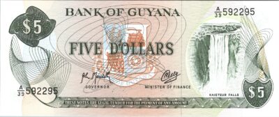 Guyana 5 Dollars, 1992,  RADAR 592295 UNC, P-22f Sign 9