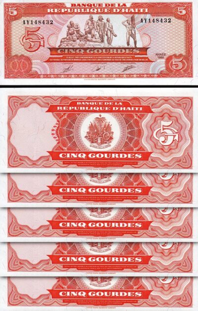 Haiti 5 Gourdes 1989, UNC, 5 Pcs LOT, Consecutive, P-255