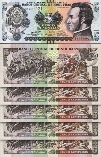 Honduras 5 Lempiras 2016, UNC, 5 Pcs LOT, P-98