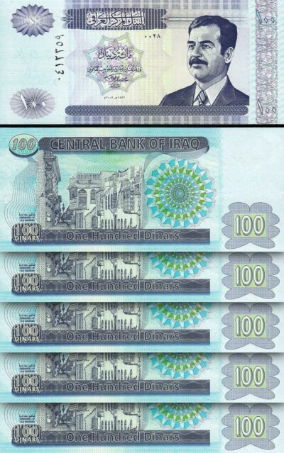 Iraq Saddam 100 Dinar 2002, AUNC / UNC, 5 Pcs LOT, P-87