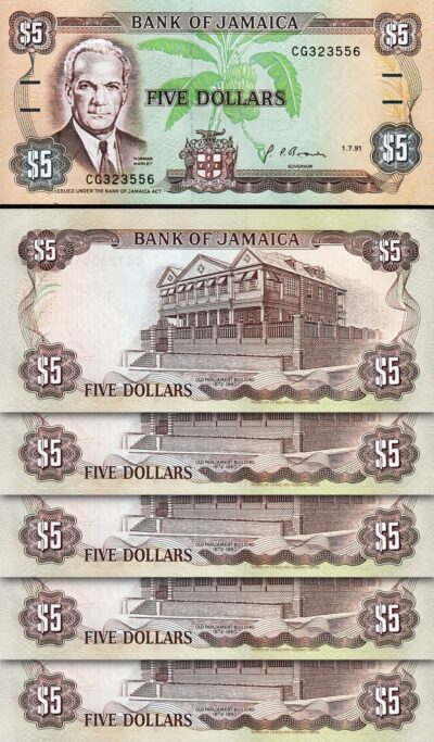 Jamaica 5 Dollars 1991, UNC, 5 Pcs LOT, Consecutive, P-70d