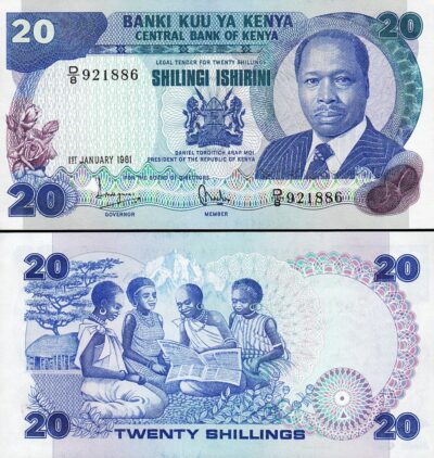 Kenya 20 Shillings,1 Jan 1981, UNC-, Consecutive 2 Pcs Pair, P-21a, Prefix D 8