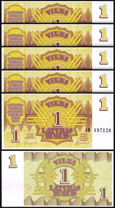 Latvia 1 Rublis 1992, UNC, 5 Pcs LOT, Consecutive, P-35, Prefix AB