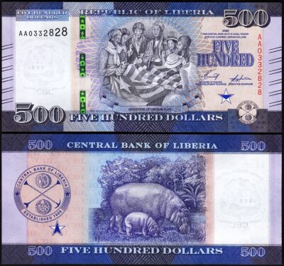 Liberia 500 Dollars 2022 2023, UNC, P-42, Prefix AA