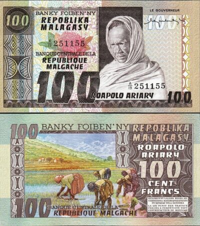 Madagascar 100 Francs - 20 Ariary , 1974 -1975, UNC, P-63