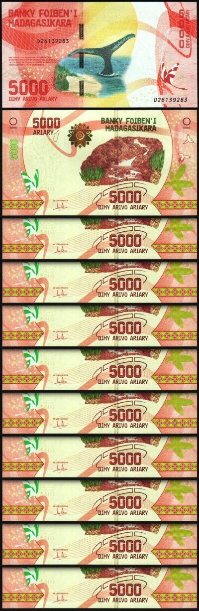 Madagascar 5000 5,000 Ariary (2017) Nd 2023, UNC, 10 Pcs LOT, P-102 New Sign