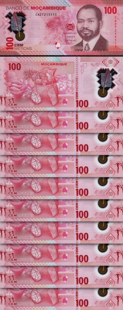 Mozambique 100 Meticais 2024, UNC, 10 Pcs LOT, POLYMER, P-157