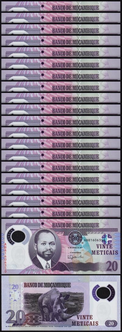 Mozambique 20 Meticais 2017, UNC, 20 Pcs LOT, Consecutive, Polymer, P-149