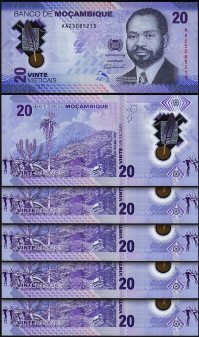Mozambique 20 Meticais 2024, UNC, 5 Pcs LOT, Consecutive, Polymer, P-155