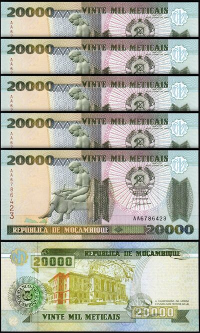 Mozambique 20000 20,000 Meticais 1999, UNC, 5 Pcs LOT, Consecutive, P-140,Prf AA