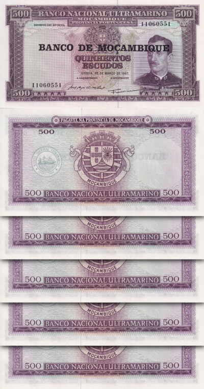 Mozambique 500 Escudos 1967 (1976), UNC, 5 Pcs LOT, P-118