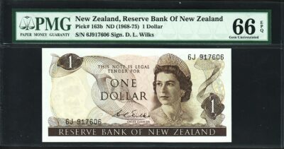 NEW ZEALAND 1 DOLLAR ND 1968 -75 PMG 66 GEM UNCIRCULATED EPQ P-163b Sign WILKS