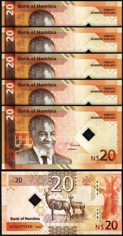 Namibia 20 Dollars 2025 UNC, 5 Pcs LOT, P-21 New Design/Security, Hybrid Polymer