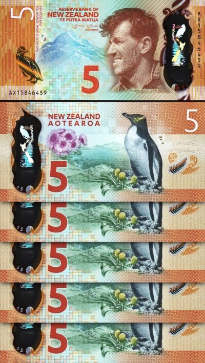New Zealand 5 Dollars 2015, UNC, 5 Pcs LOT, Polymer, P-191