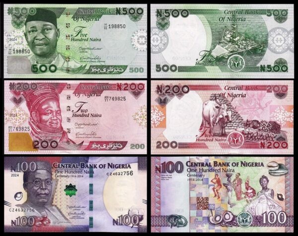 Nigeria 3 Pcs Set, 100 200 500 Naira 2024, UNC, P-New Date & Design