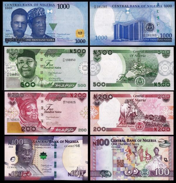 Nigeria 4 Pcs Set, 100 200 500 1000 Naira 2024, UNC, P-New Date & Design