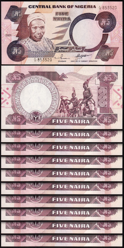 Nigeria 5 Naira 2001, UNC, 10 Pcs LOT, Consecutive, P-24g