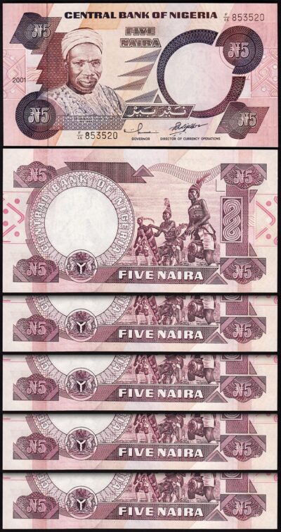 Nigeria 5 Naira 2001, UNC, 5 Pcs LOT, Consecutive, P-24g