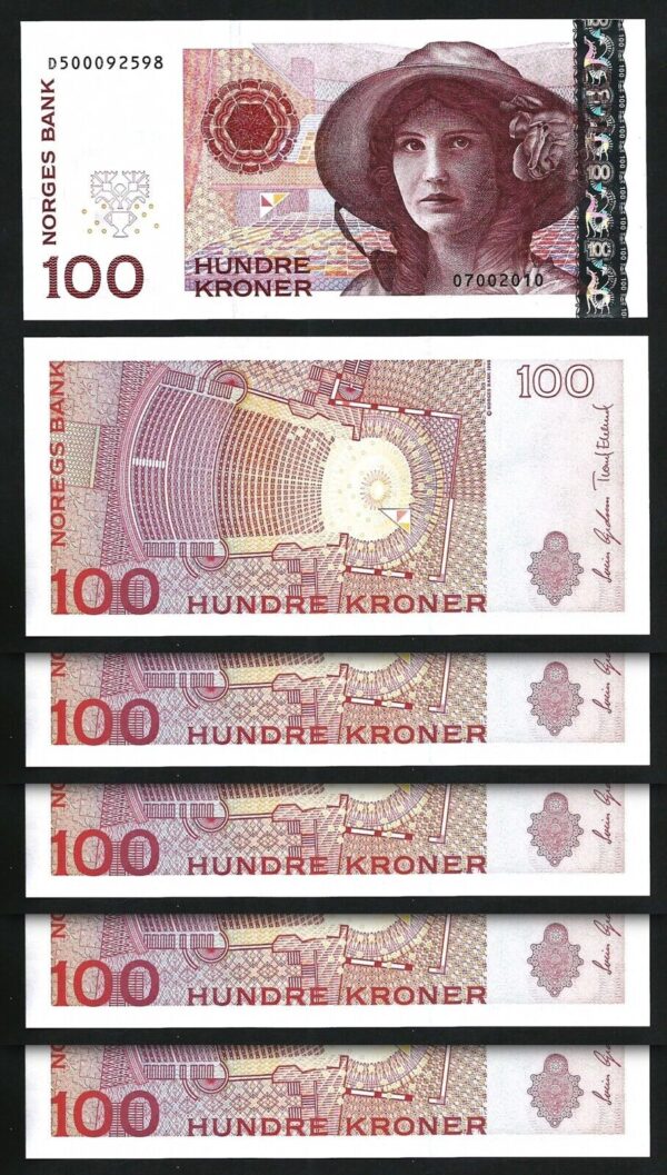 Norway 100 Kroner 2010, UNC, 5 Pcs LOT, Consecutive, P-49e