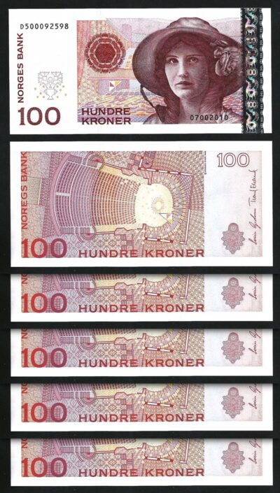 Norway 100 Kroner 2010, UNC, 5 Pcs LOT, P-49e