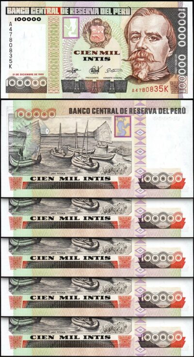 Peru 100000 - 100,000 Intis 1989, UNC, 5 Pcs LOT, P-145