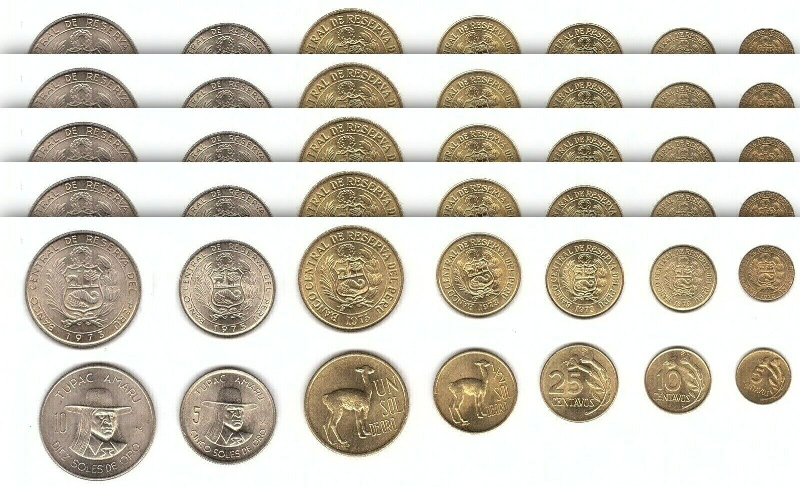 Peru 5 x 7 Pcs UNC COINS SET, 5 10 25 Centavos 1/2 1 5 10 Soles