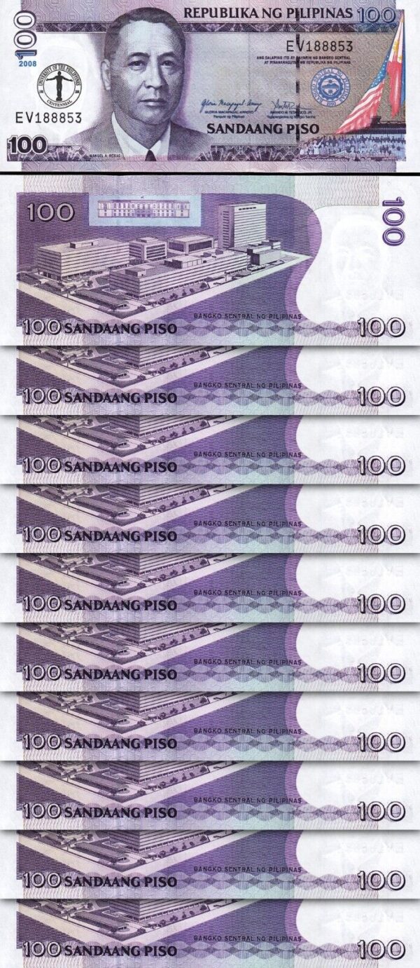 Philippines 100 Piso 2008, UNC, 10 Pcs LOT, Comm, University Philippines, P-199