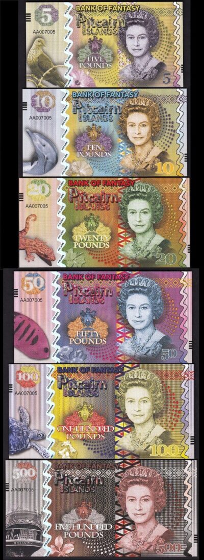 Pitcairn Island 6 PCS SET UNC 5 10 20 50 100 500 POUNDS 2018 SAME SERIAL NUMBER