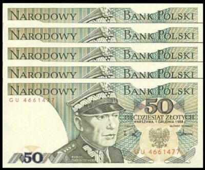 Poland 50 Zloty 1988, AU-UNC, 5 Pcs LOT, P-142, Karol Swierczewski