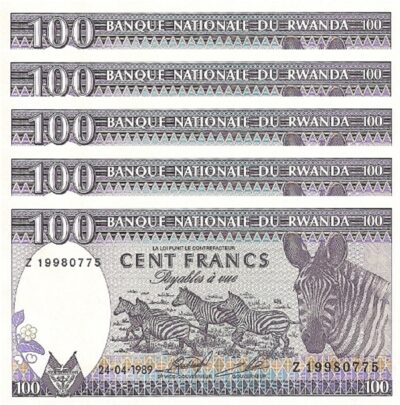 Rwanda 100 Francs 1989, UNC, 5 Pcs LOT, P-19, Prefix Z