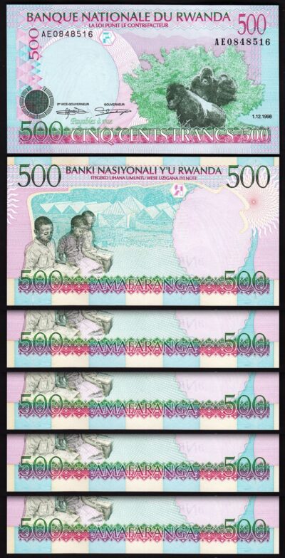 Rwanda 500 Francs 1998, UNC, 5 Pcs LOT, Consecutive, P-26